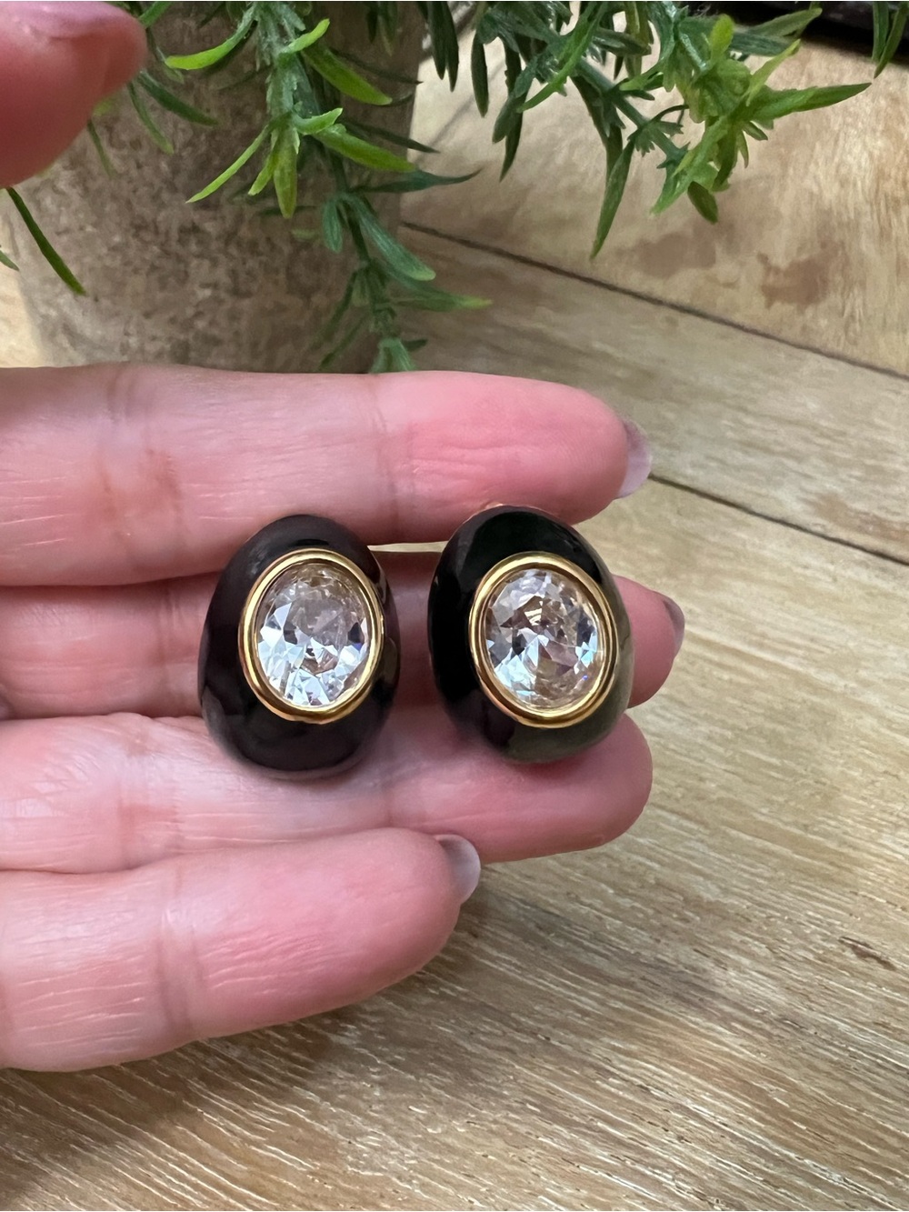 Gold-Trim Black Resin Earrings with Clear Crystal Accent
